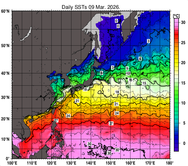 北西太平洋の海面水温分布図（3月9日）