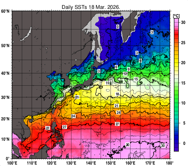 北西太平洋の海面水温分布図（3月18日）