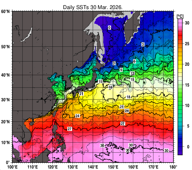 北西太平洋の海面水温分布図（3月30日）