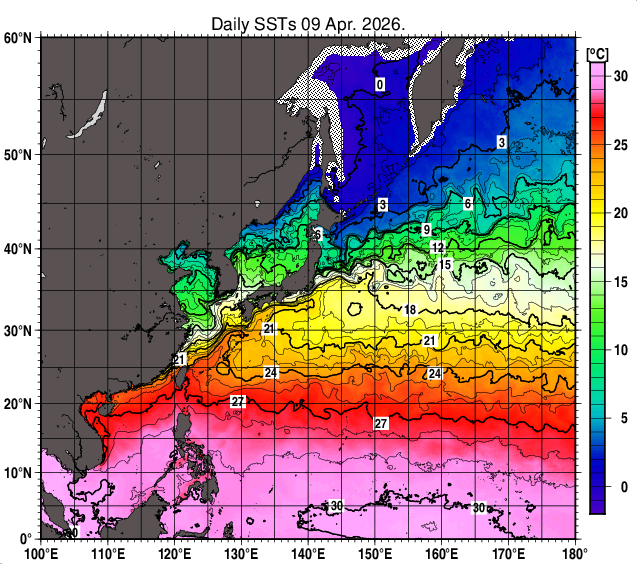 北西太平洋の海面水温分布図（4月9日）