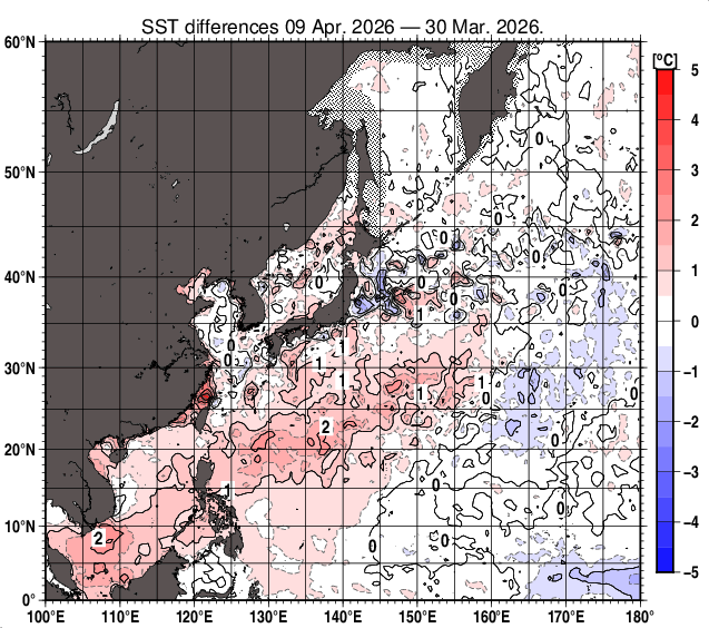 北西太平洋の10日間の海面水温変化量分布図（4月9日）