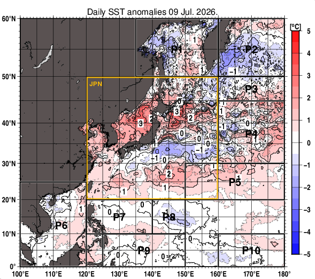 北西太平洋の海面水温平年差分布図（7月9日）