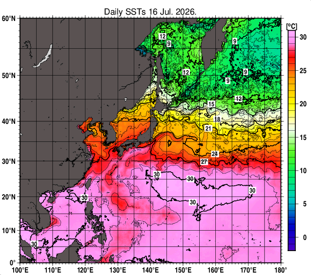 北西太平洋の海面水温分布図（7月16日）