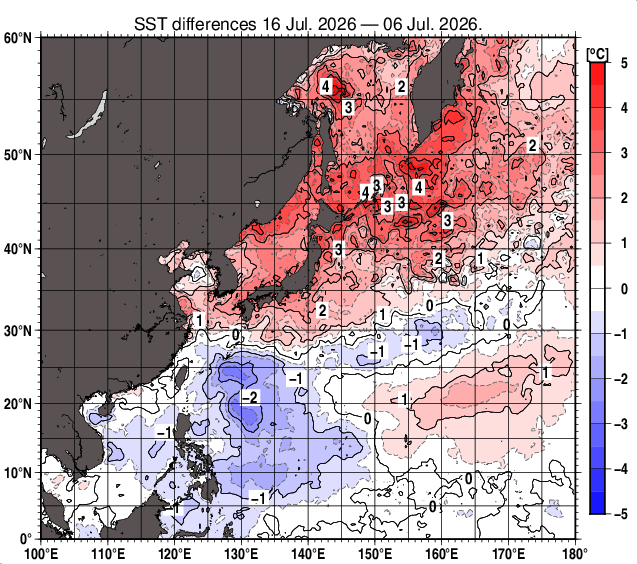 北西太平洋の10日間の海面水温変化量分布図（7月16日）