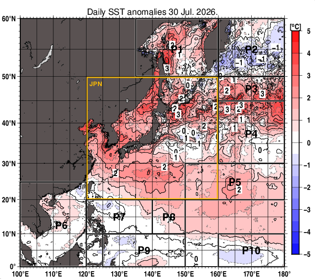 北西太平洋の海面水温平年差分布図（7月30日）