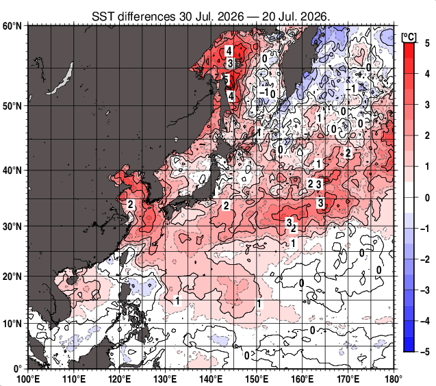 北西太平洋の10日間の海面水温変化量分布図（7月30日）