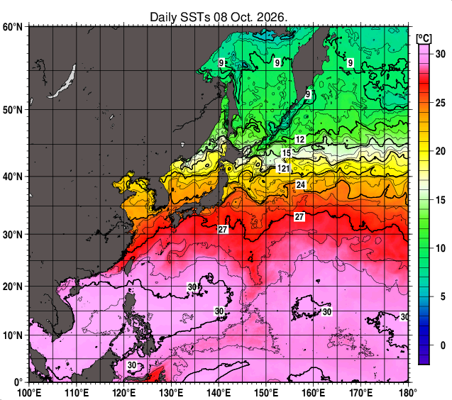 北西太平洋の海面水温分布図（10月8日）