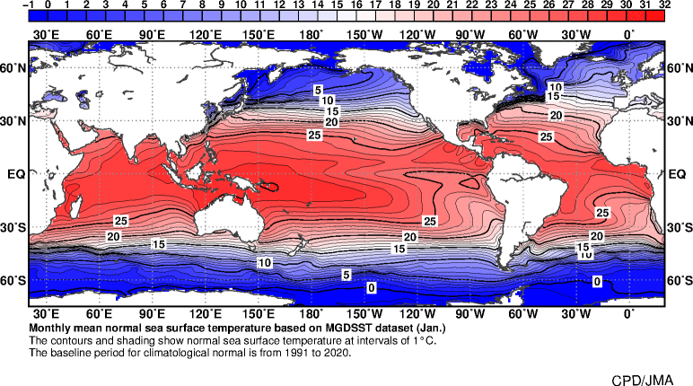 1月の全球月平均海面水温平年値