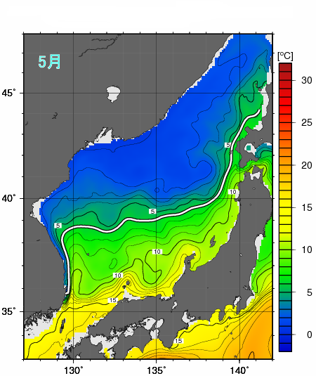 100m深の水温の平年分布図と極前線の平年の位置