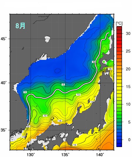 100m深の水温の平年分布図と極前線の平年の位置