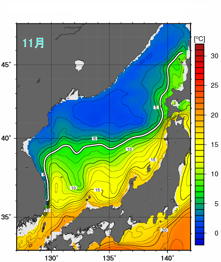 100m深の水温の平年分布図と極前線の平年の位置