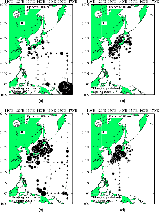 2004年の海面浮遊汚染物質発見個数