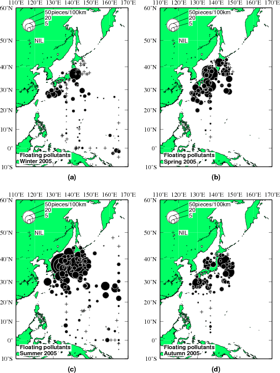 2005年の海面浮遊汚染物質発見個数