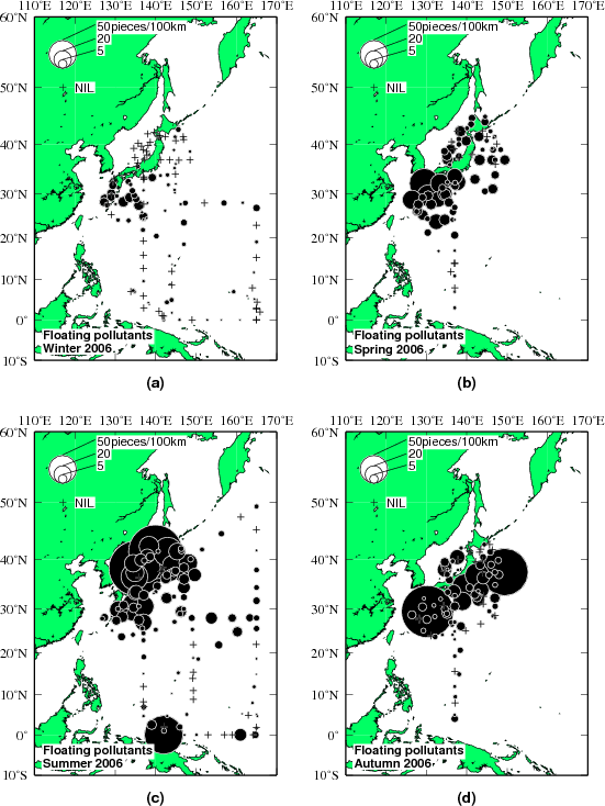 2006年の海面浮遊汚染物質発見個数