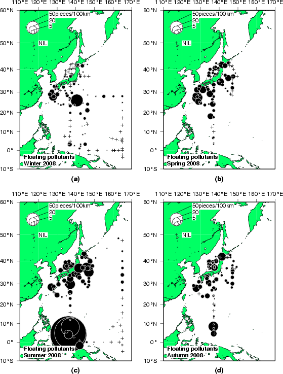 2008年の海面浮遊汚染物質の分布
