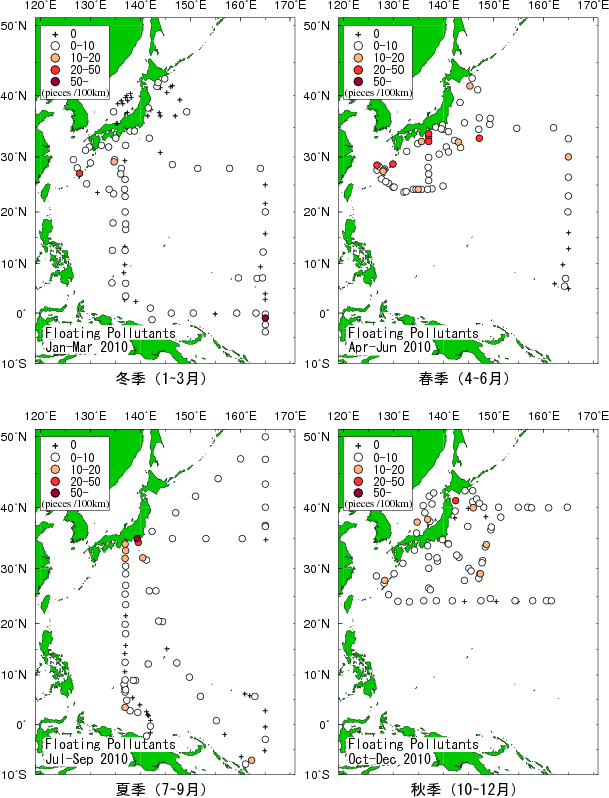 2010年の海面浮遊汚染物質の分布