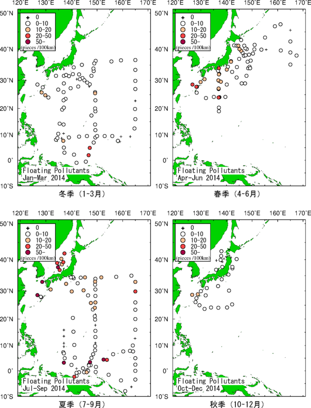 2014年の海面浮遊汚染物質の分布