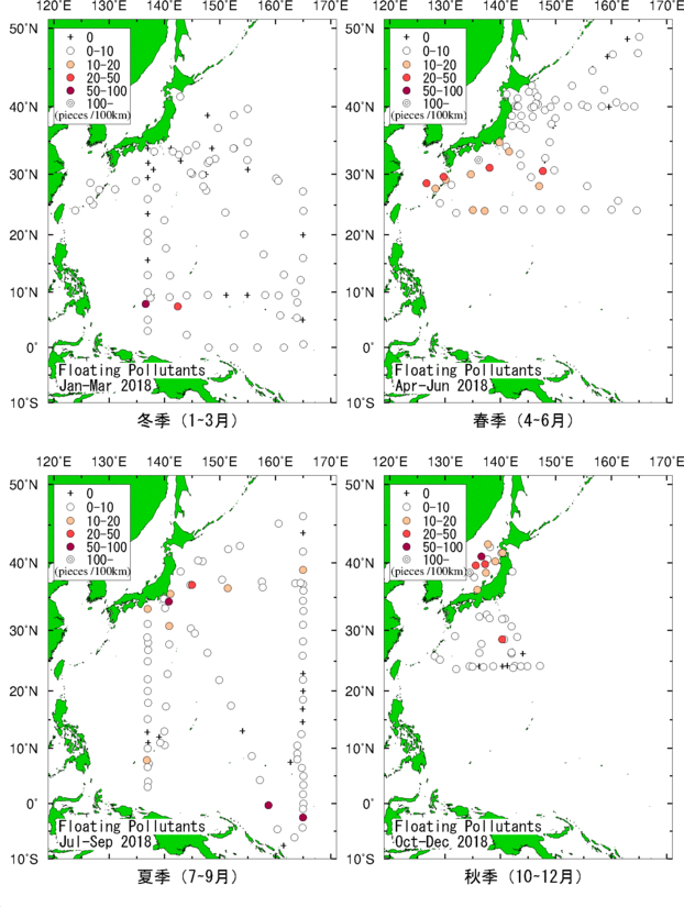 2018年の海面浮遊汚染物質の分布