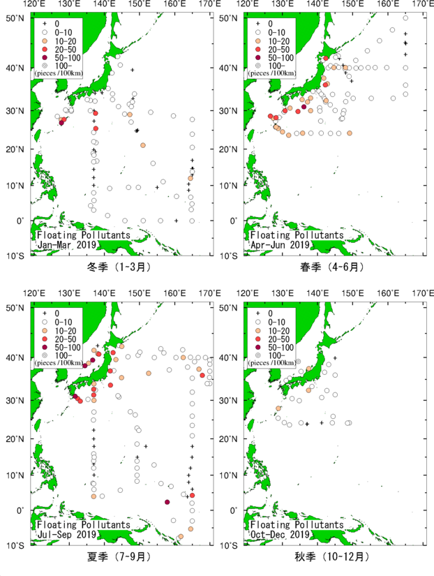 2019年の海面浮遊汚染物質の分布