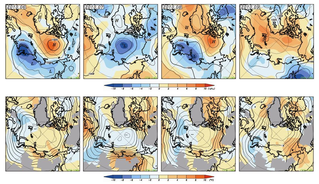 北極域の月平均の海面気圧と925hPaの気温（2010年6月～9月）