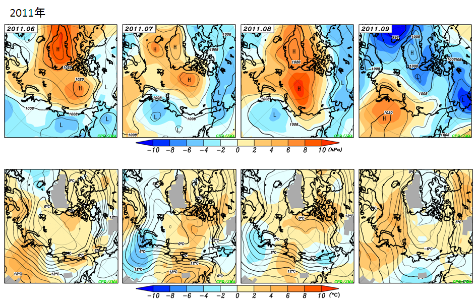 北極域の月平均の海面気圧と925hPaの気温（2011年6月～9月）