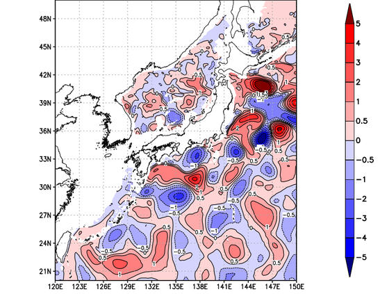 海面～740m月平均表層水温偏差分布