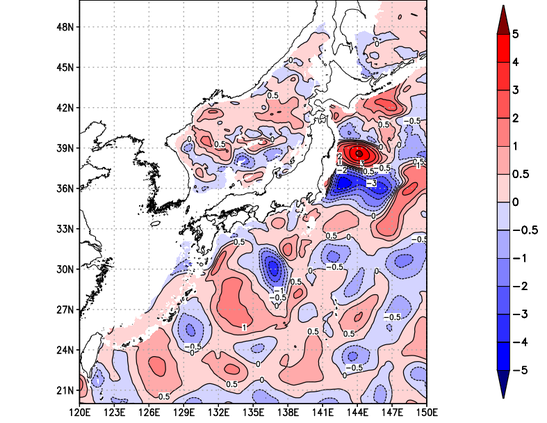 海面～740m月平均表層水温偏差分布