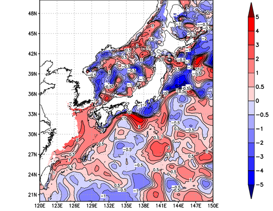 海面~100m月平均表層水温偏差分布