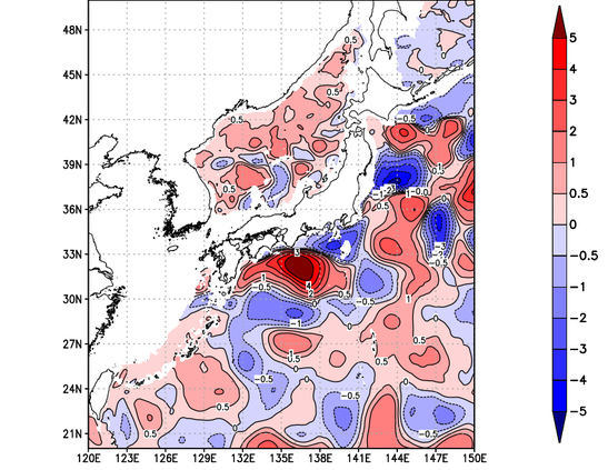 海面～740m月平均表層水温偏差分布