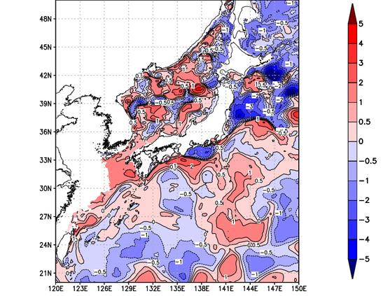 海面～100m月平均表層水温偏差分布
