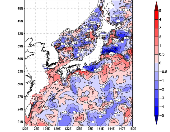 海面～100m月平均表層水温偏差分布