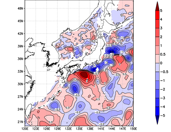 海面～740m月平均表層水温偏差分布