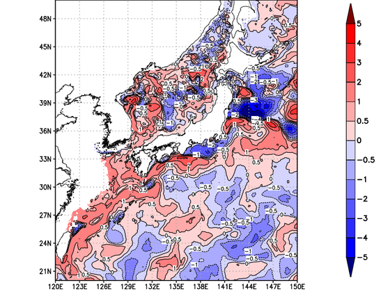 海面～100m月平均表層水温偏差分布