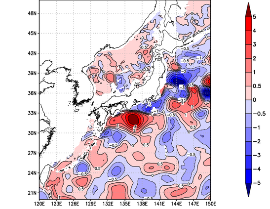 海面～740m月平均表層水温偏差分布