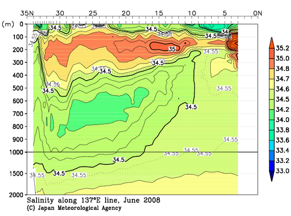 北西太平洋域の2008年夏季の塩分