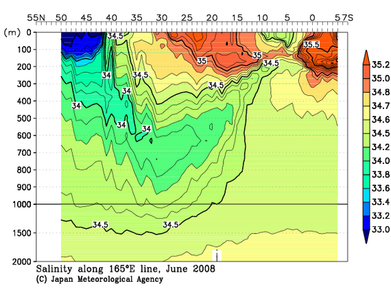 北西太平洋域の2008年夏季の塩分