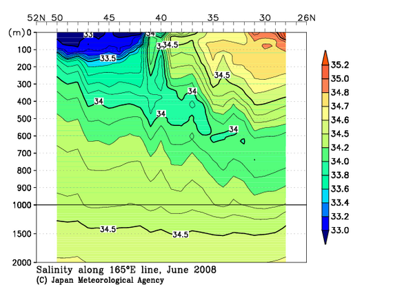 北西太平洋域の2008年夏季の塩分