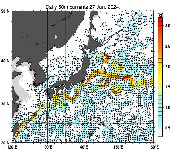 日本近海の深さ50mの海流分布図（6月27日）