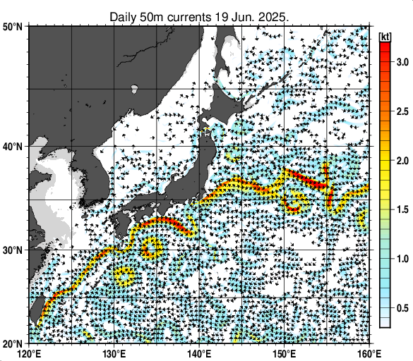 日本近海の深さ50mの海流分布図（6月19日）
