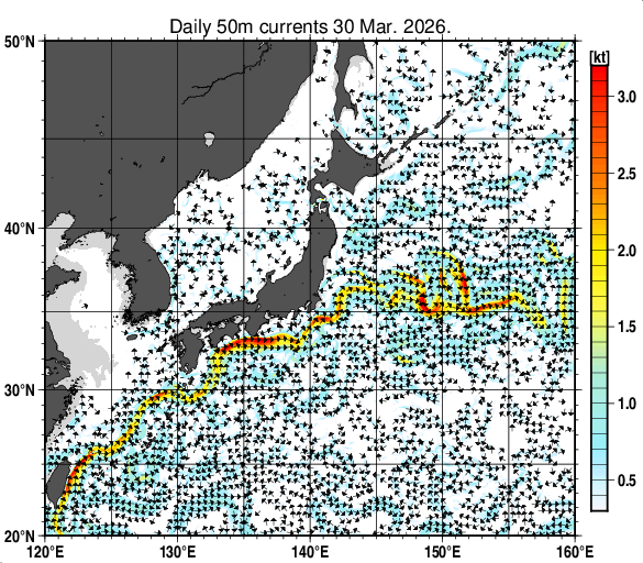 日本近海の深さ50mの海流分布図（3月30日）