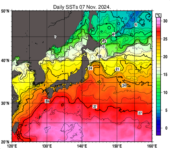 日本近海の海面水温分布図（11月7日）