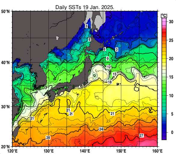 日本近海の海面水温分布図（1月19日）