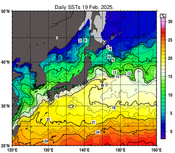 日本近海の海面水温分布図（2月19日）