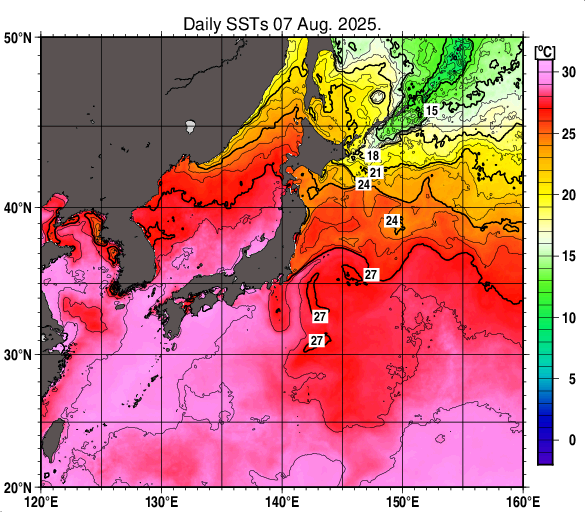 日本近海の海面水温分布図（8月7日）