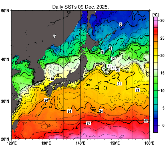 日本近海の海面水温分布図（12月9日）