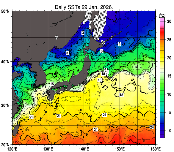 日本近海の海面水温分布図（1月29日）