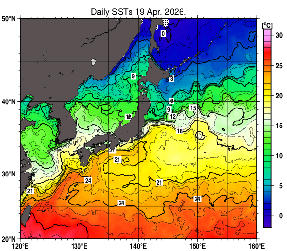 日本近海の海面水温分布図（4月19日）