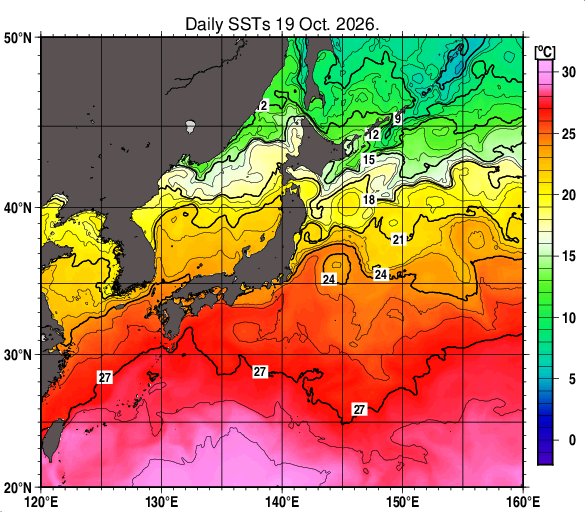 日本近海の海面水温分布図（10月19日）