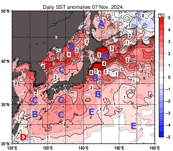 日本近海の海面水温平年差分布図（11月7日）