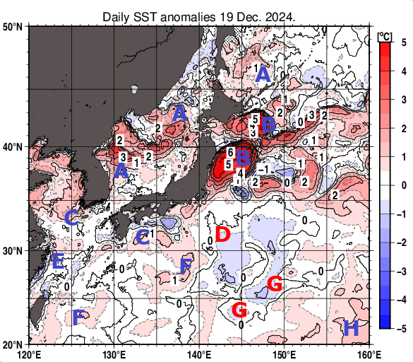 日本近海の海面水温平年差分布図（12月19日）